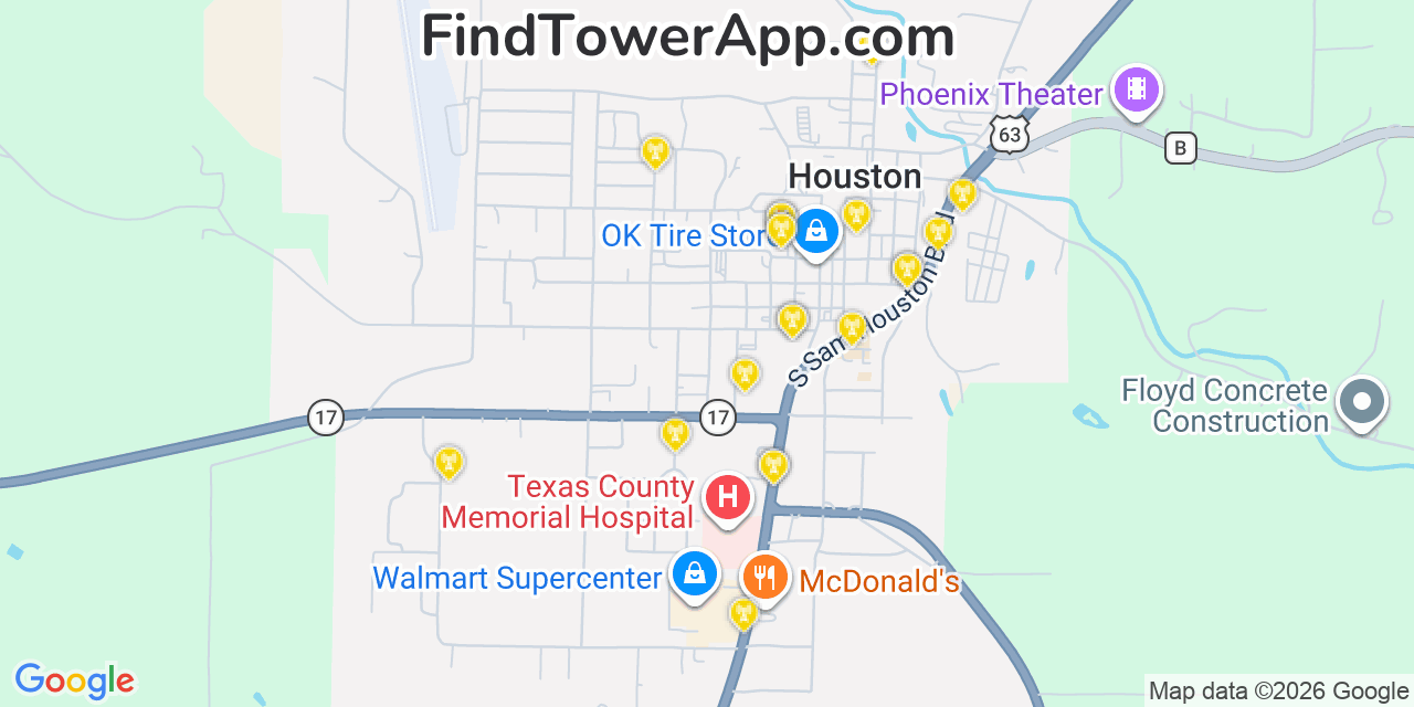Map showing the 20 primary cell tower locations detected in Houston, Missouri from AT&T, Verizon, and T-Mobile networks