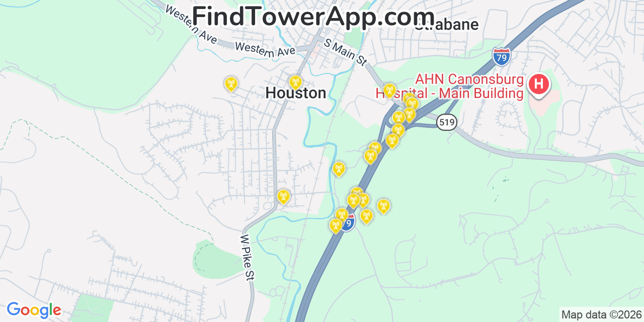 Map showing the 20 primary cell tower locations detected in Houston, Pennsylvania from AT&T, Verizon, and T-Mobile networks