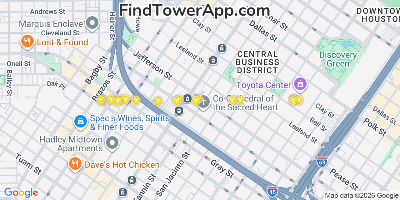 Map showing the 20 primary cell tower locations detected in Houston, Texas from AT&T, Verizon, and T-Mobile networks
