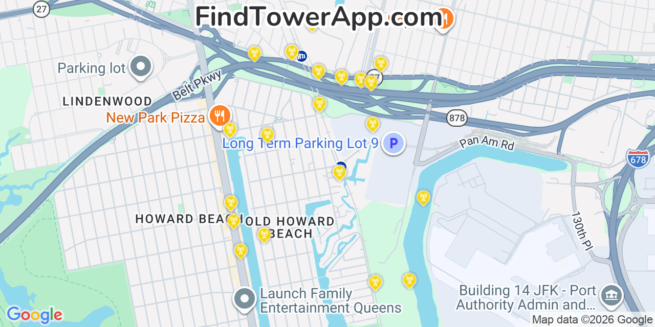 Map showing the 20 primary cell tower locations detected in Howard Beach, New York from AT&T, Verizon, and T-Mobile networks