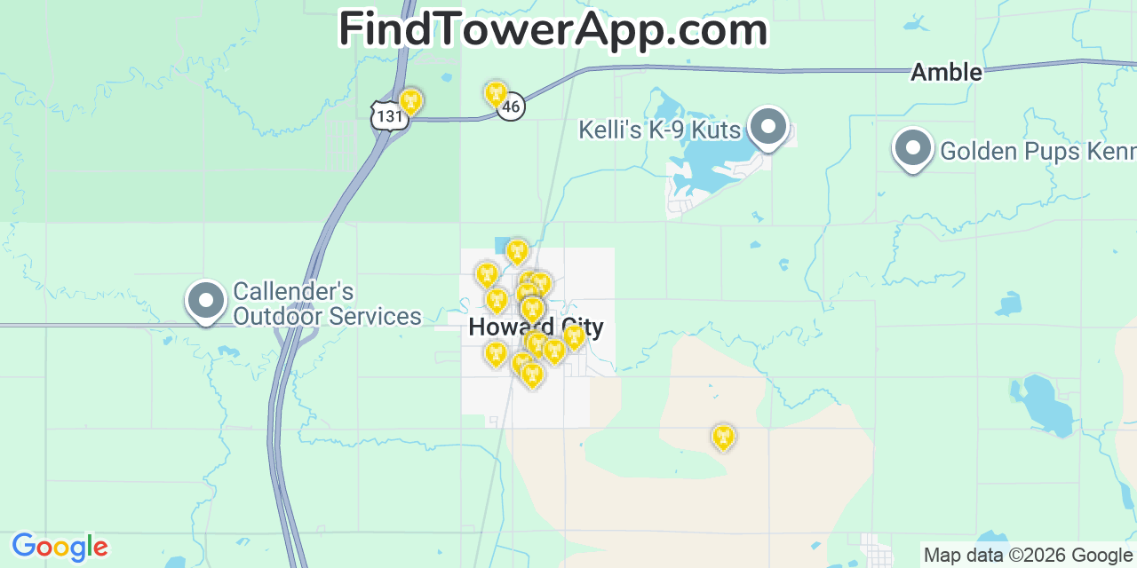 Map showing the 20 primary cell tower locations detected in Howard City, Michigan from AT&T, Verizon, and T-Mobile networks