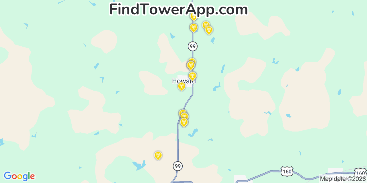 Map showing the 20 primary cell tower locations detected in Howard, Kansas from AT&T, Verizon, and T-Mobile networks