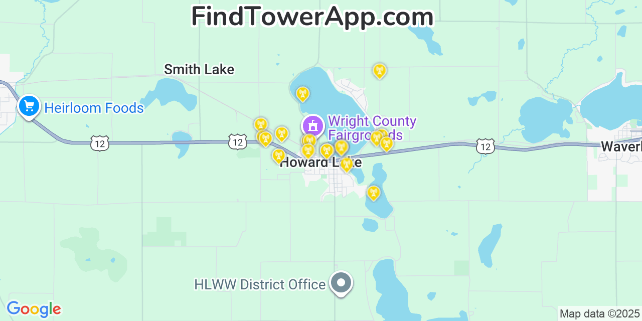 Map showing the 20 primary cell tower locations detected in Howard Lake, Minnesota from AT&T, Verizon, and T-Mobile networks