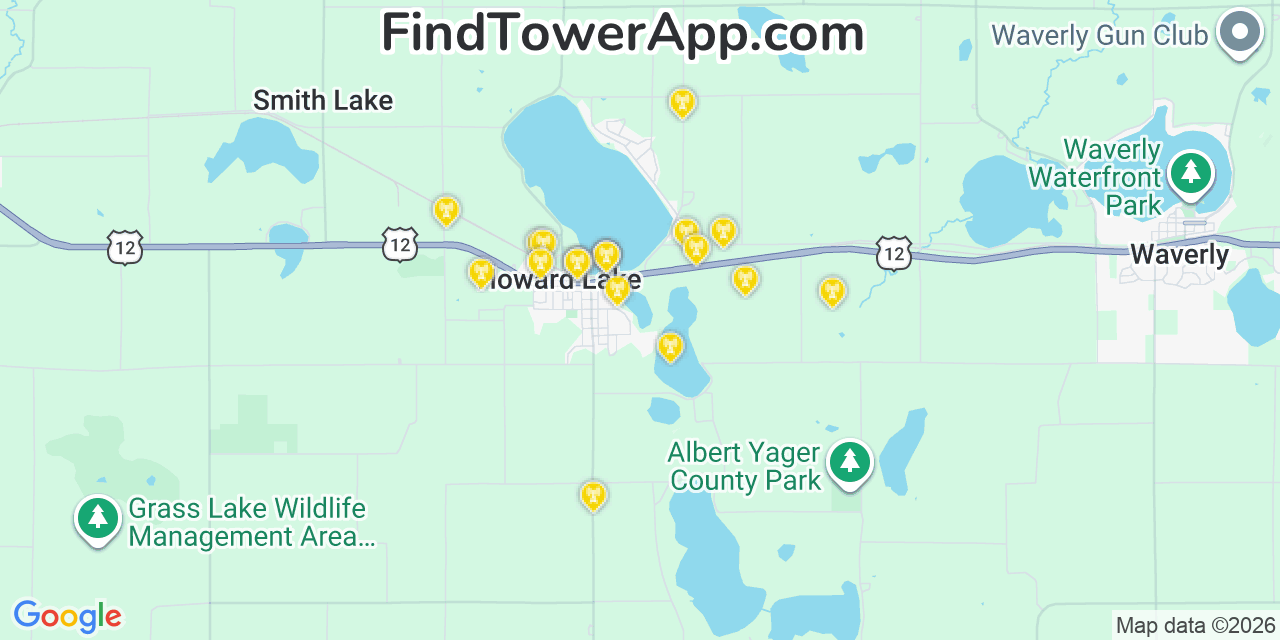 Map showing the 20 primary cell tower locations detected in Howard Lake, Minnesota from AT&T, Verizon, and T-Mobile networks