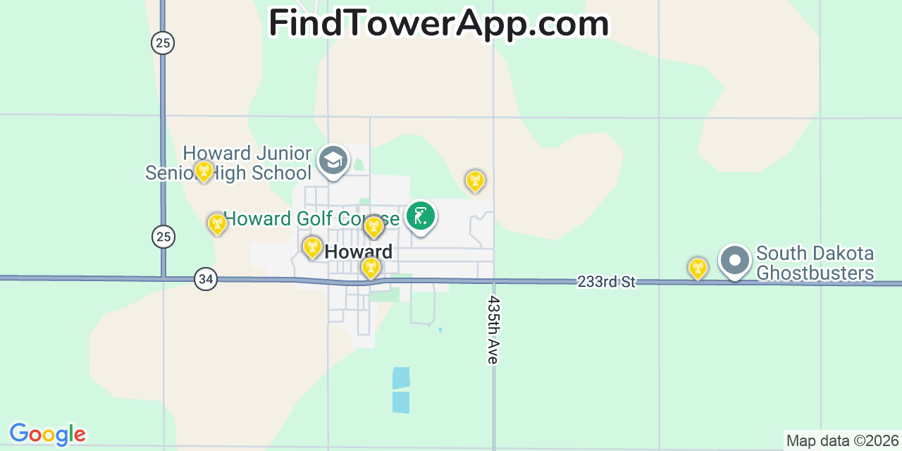 Map showing the 20 primary cell tower locations detected in Howard, South Dakota from AT&T, Verizon, and T-Mobile networks