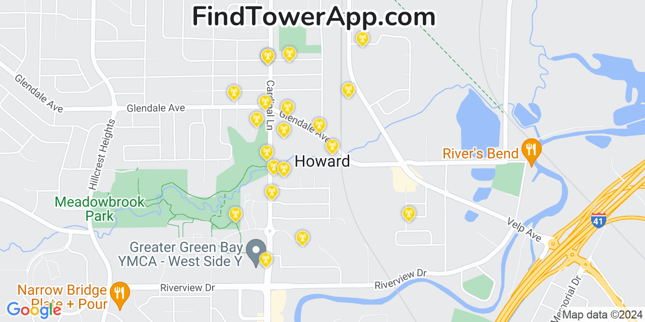 AT&T 4G/5G cell tower coverage map Howard, Wisconsin