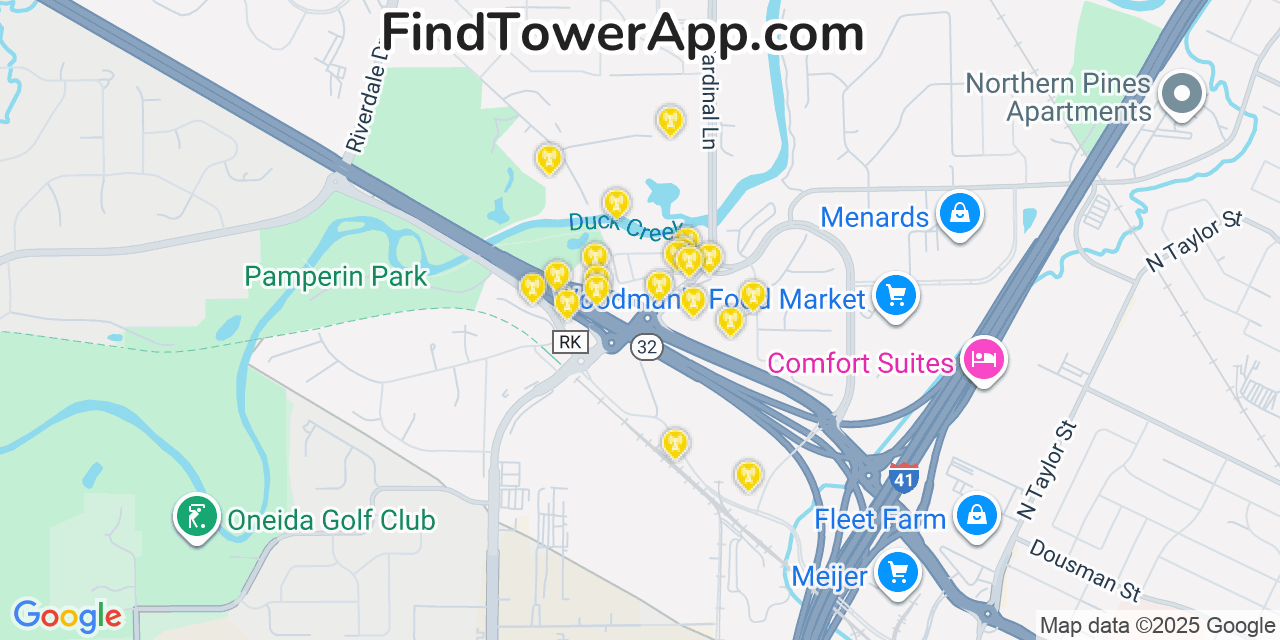 Map showing the 20 primary cell tower locations detected in Howard, Wisconsin from AT&T, Verizon, and T-Mobile networks