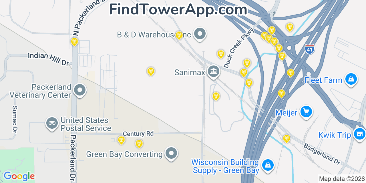 Map showing the 20 primary cell tower locations detected in Howard, Wisconsin from AT&T, Verizon, and T-Mobile networks