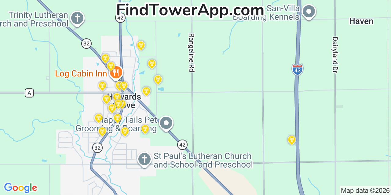 Map showing the 20 primary cell tower locations detected in Howards Grove, Wisconsin from AT&T, Verizon, and T-Mobile networks