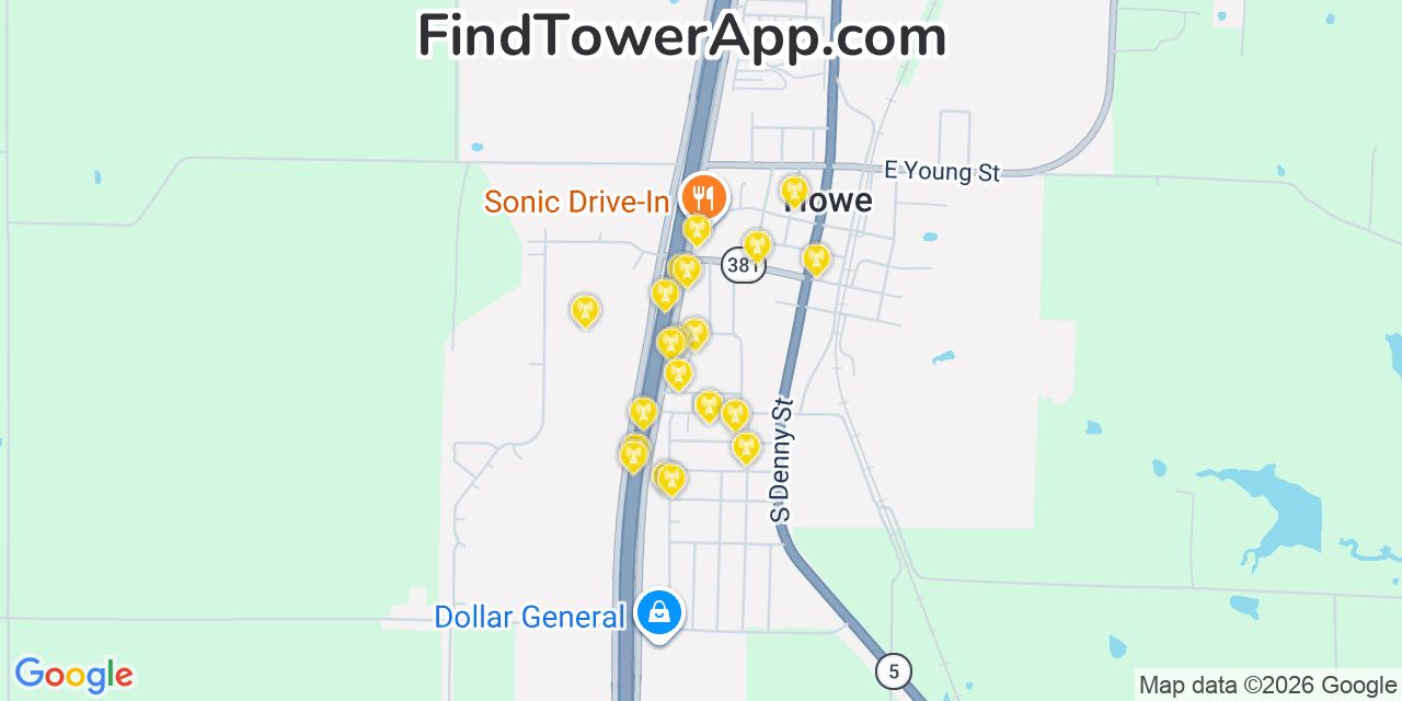 Map showing the 20 primary cell tower locations detected in Howe, Texas from AT&T, Verizon, and T-Mobile networks