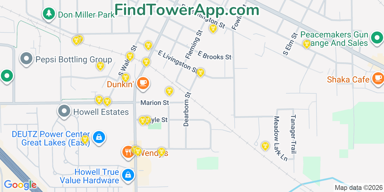 Map showing the 20 primary cell tower locations detected in Howell, Michigan from AT&T, Verizon, and T-Mobile networks