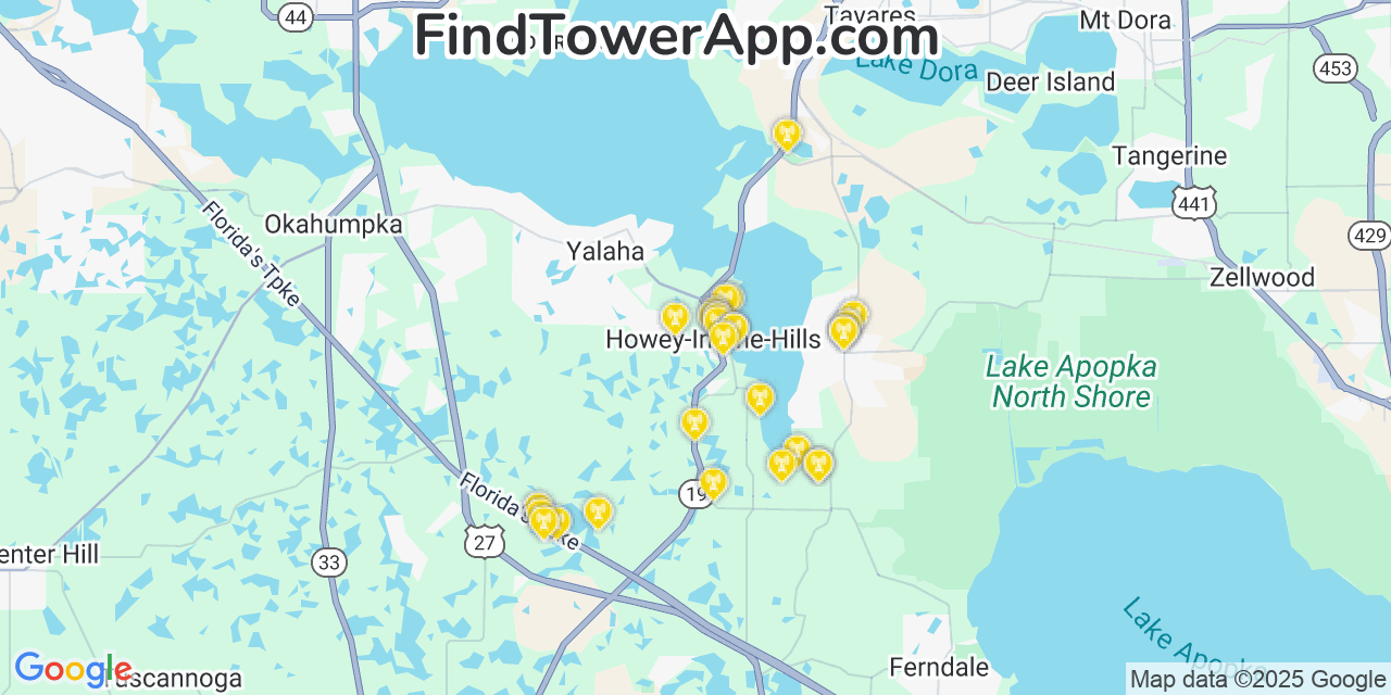Map showing the 28 primary AT&T cell tower locations detected in Howey In The Hills, Florida with coverage radius and signal strength indicators
