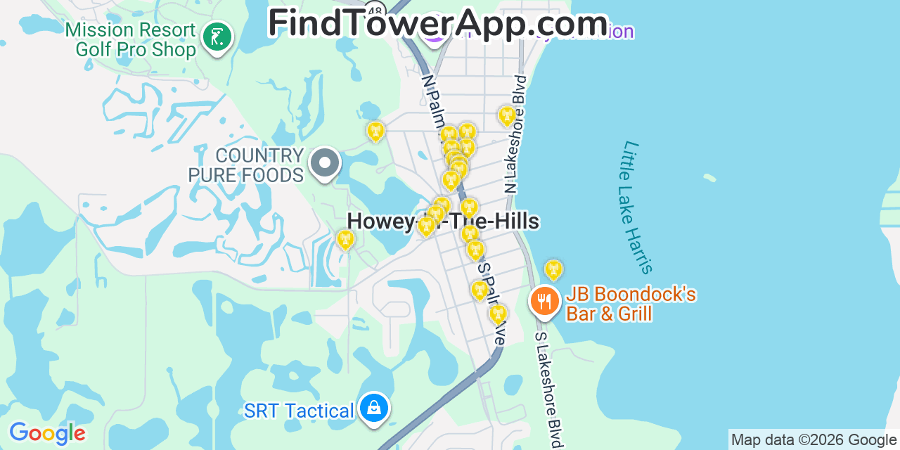 Map showing the 20 primary cell tower locations detected in Howey In The Hills, Florida from AT&T, Verizon, and T-Mobile networks