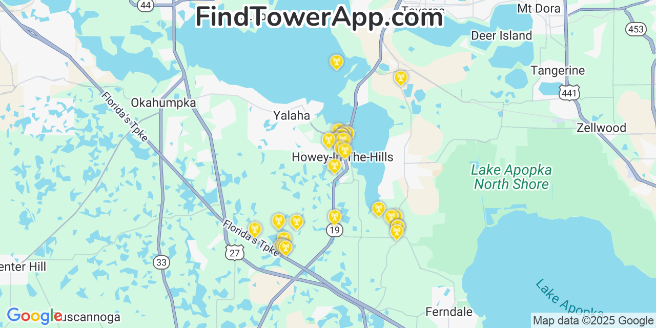 Map showing the 31 primary T-Mobile cell tower locations detected in Howey In The Hills, Florida with coverage radius and signal strength indicators