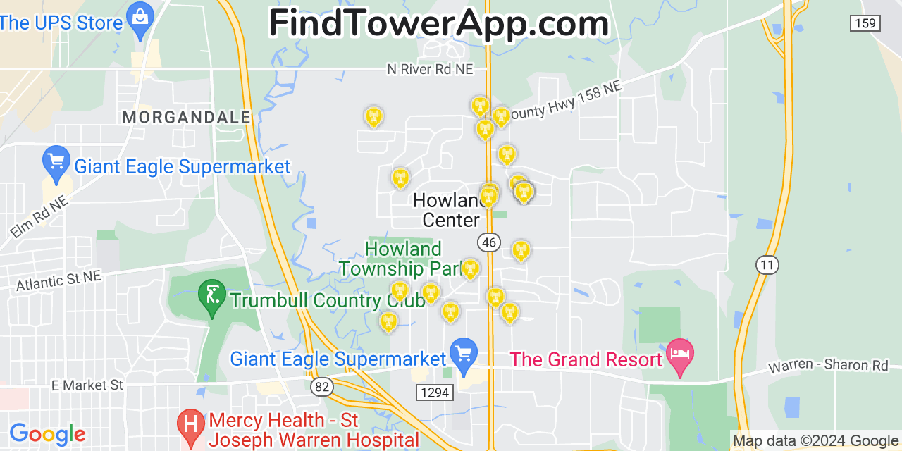 AT&T 4G/5G cell tower coverage map Howland Center, Ohio