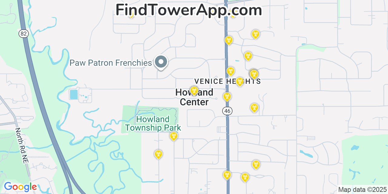 Map showing the 20 primary cell tower locations detected in Howland Center, Ohio from AT&T, Verizon, and T-Mobile networks