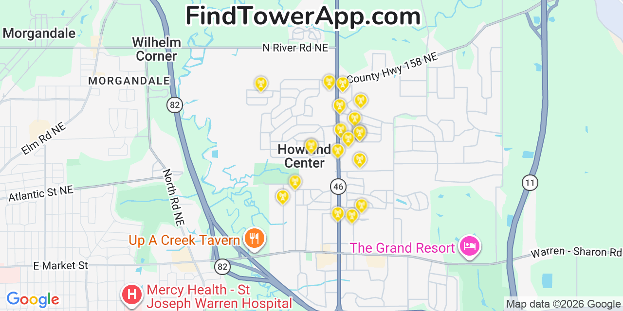 Map showing the 20 primary cell tower locations detected in Howland Center, Ohio from AT&T, Verizon, and T-Mobile networks