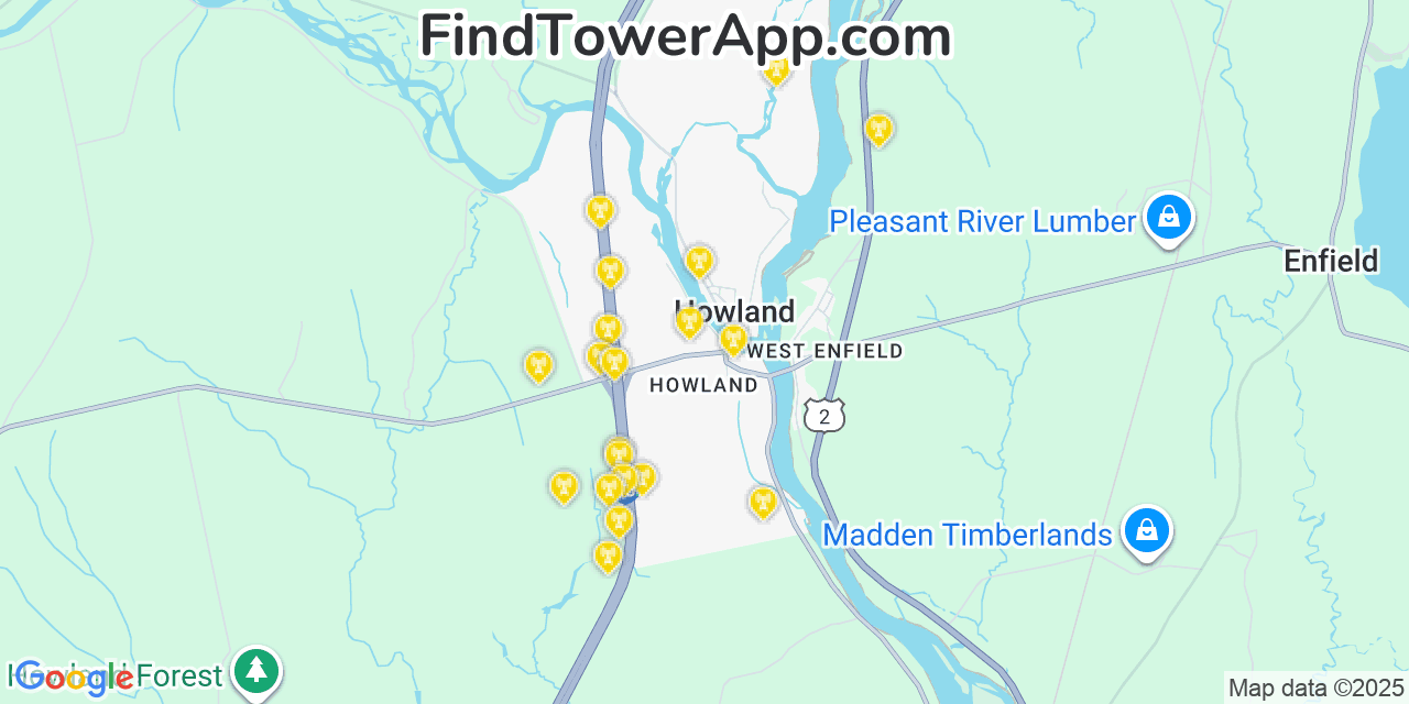 Map showing the 20 primary cell tower locations detected in Howland, Maine from AT&T, Verizon, and T-Mobile networks