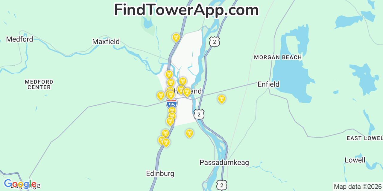 Map showing the 20 primary cell tower locations detected in Howland, Maine from AT&T, Verizon, and T-Mobile networks