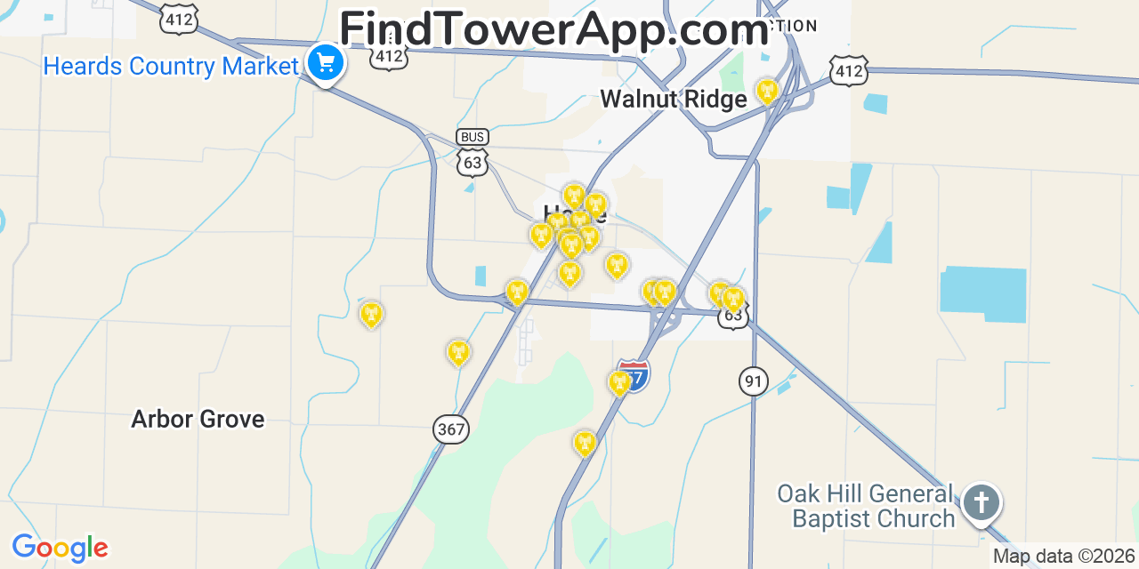 Map showing the 20 primary cell tower locations detected in Hoxie, Arkansas from AT&T, Verizon, and T-Mobile networks