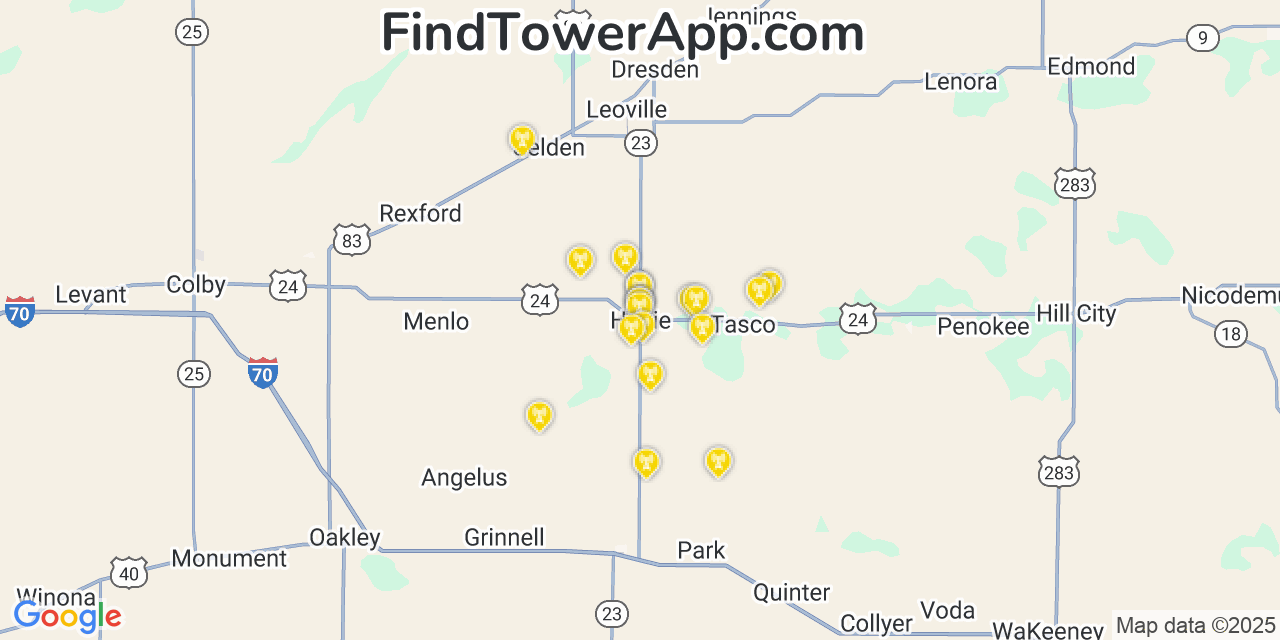 Map showing the 20 primary cell tower locations detected in Hoxie, Kansas from AT&T, Verizon, and T-Mobile networks