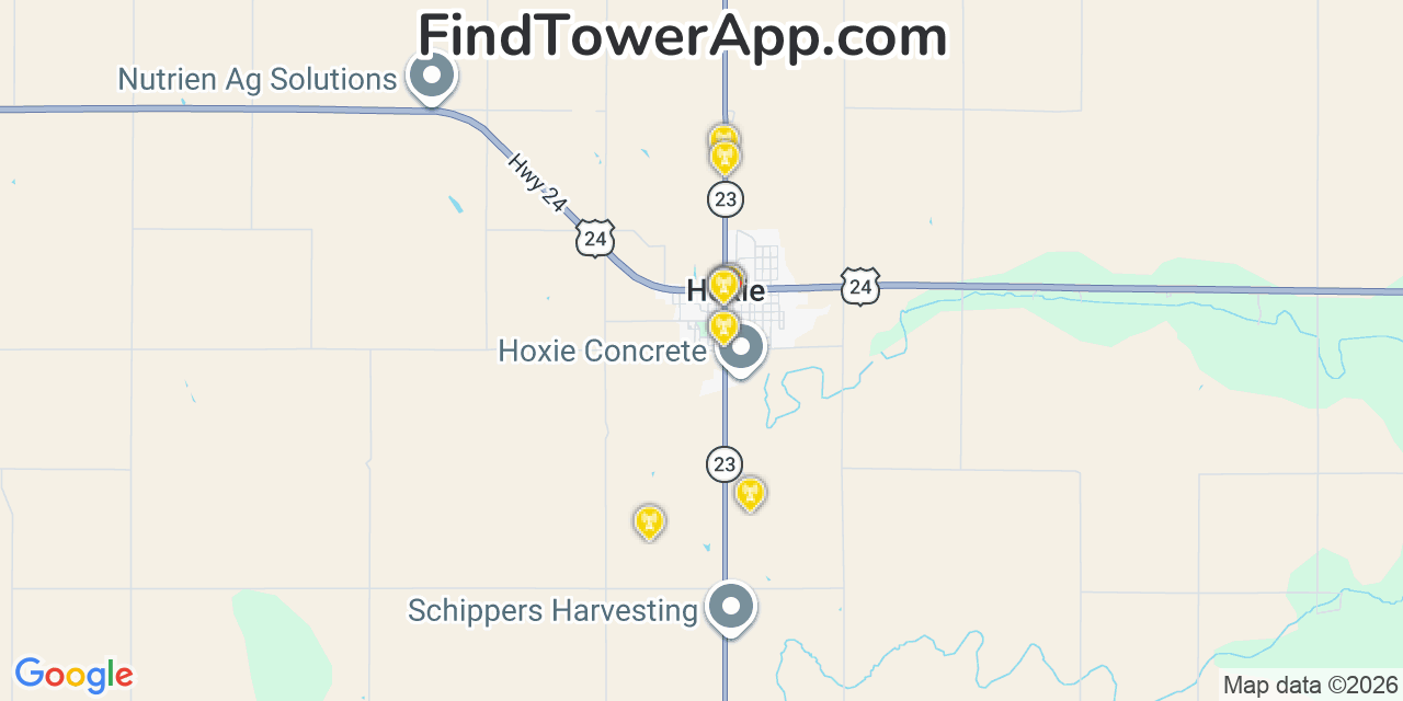 Map showing the 20 primary cell tower locations detected in Hoxie, Kansas from AT&T, Verizon, and T-Mobile networks