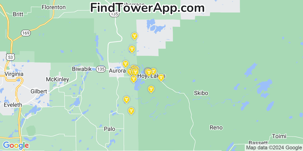 AT&T 4G/5G cell tower coverage map Hoyt Lakes, Minnesota