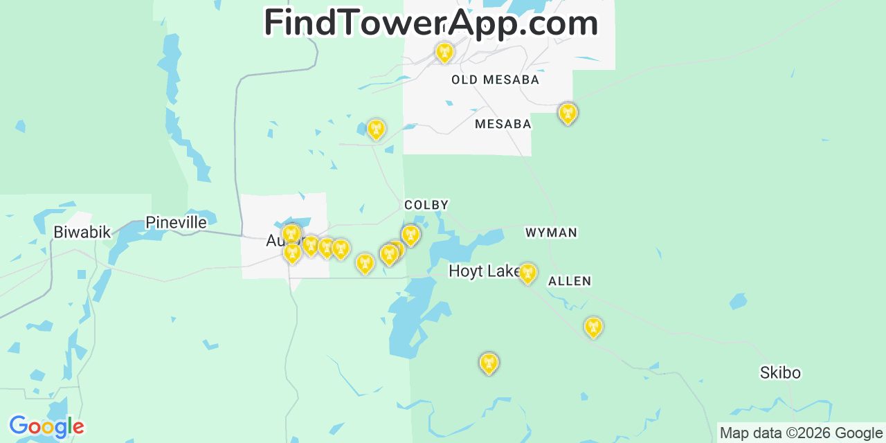 Map showing the 20 primary cell tower locations detected in Hoyt Lakes, Minnesota from AT&T, Verizon, and T-Mobile networks