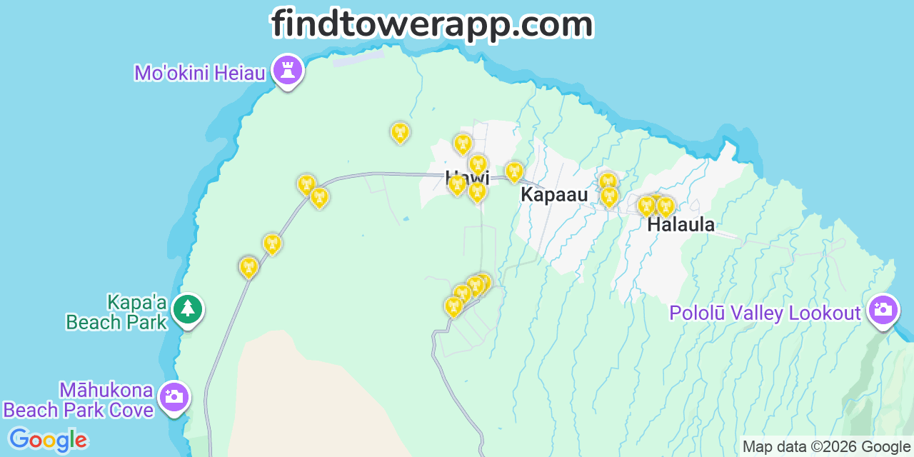 Map showing the 20 primary AT&T cell tower locations detected in Hﾃ､ Lawa, Hawaii with coverage radius and signal strength indicators