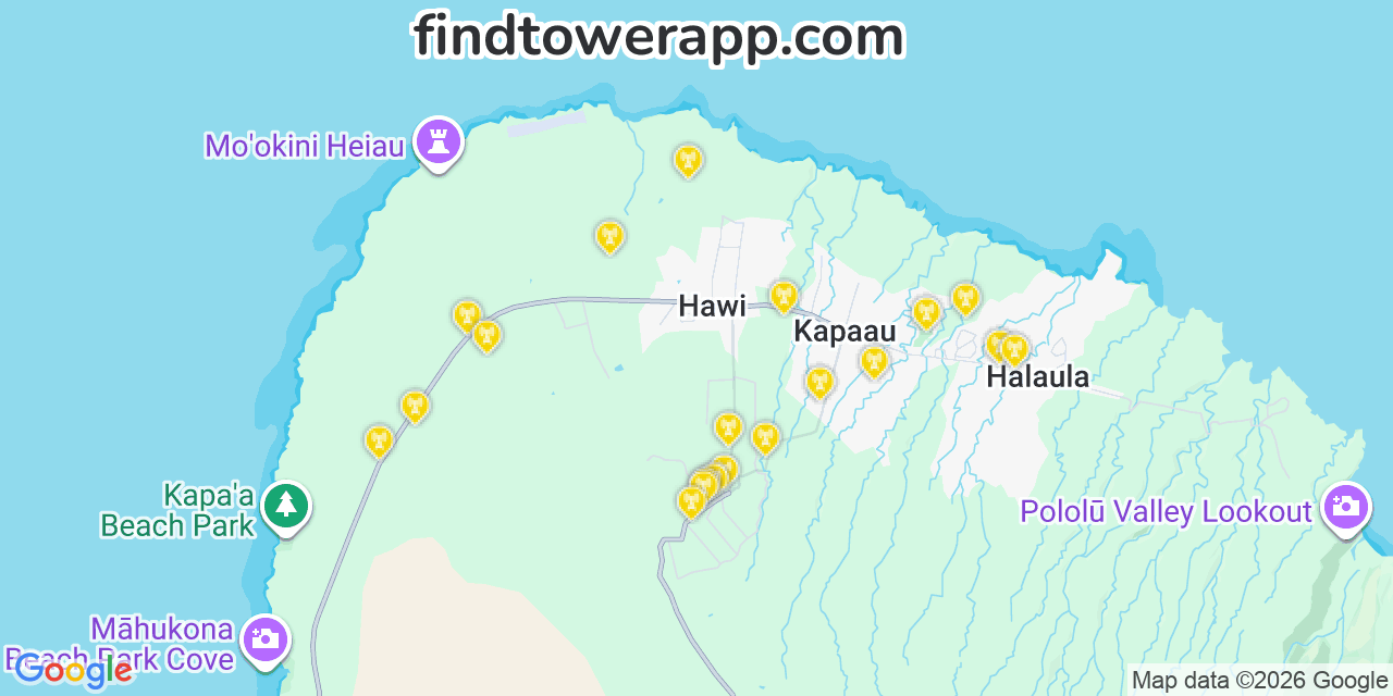 Map showing the 20 primary cell tower locations detected in Hﾃ､ Lawa, Hawaii from AT&T, Verizon, and T-Mobile networks