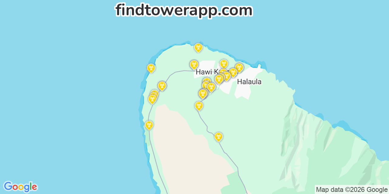 Map showing the 35 primary T-Mobile cell tower locations detected in Hﾃ､ Lawa, Hawaii with coverage radius and signal strength indicators