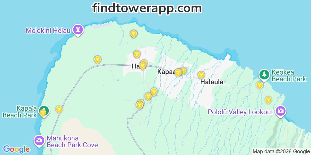 Map showing the 31 primary Verizon cell tower locations detected in Hﾃ､ Lawa, Hawaii with coverage radius and signal strength indicators