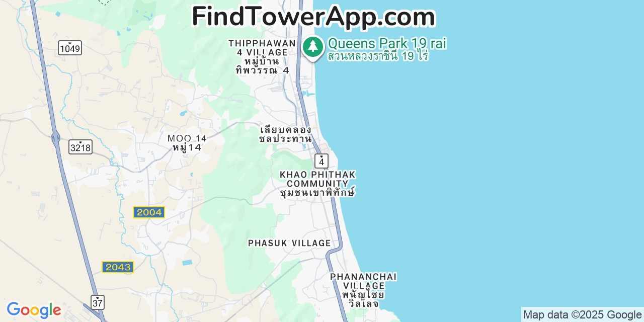 Map showing the 0 primary DTAC cell tower locations detected in Hua Hin, Thailand with coverage radius and signal strength indicators