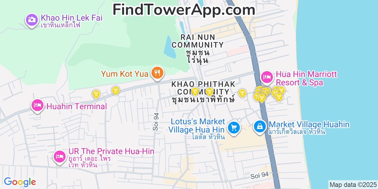 Map showing the 20 primary cell tower locations detected in Hua Hin, Thailand with coverage areas and signal strength