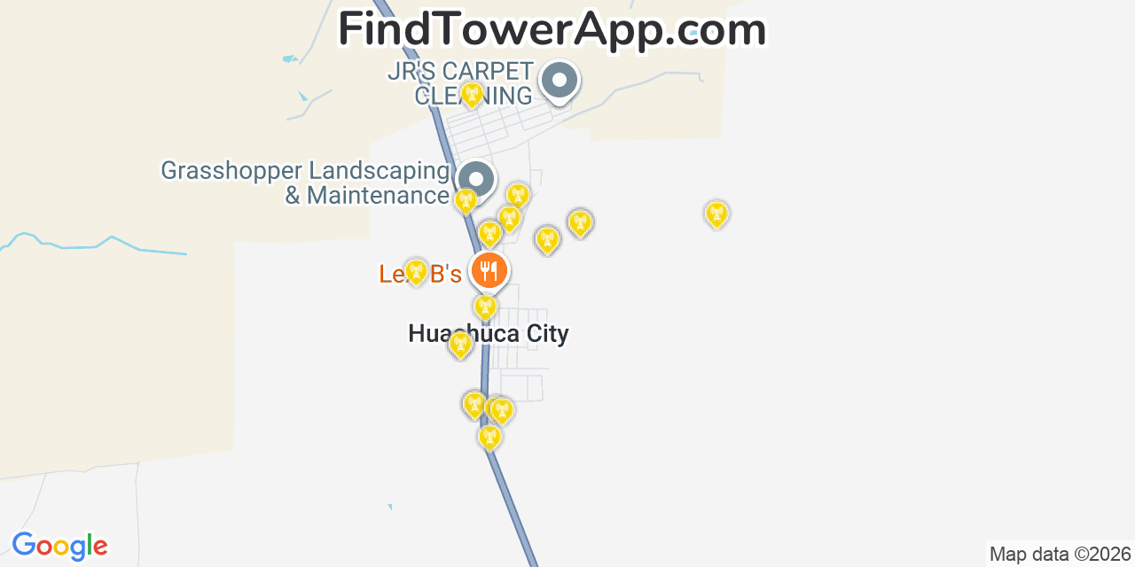 Map showing the 20 primary cell tower locations detected in Huachuca City, Arizona from AT&T, Verizon, and T-Mobile networks