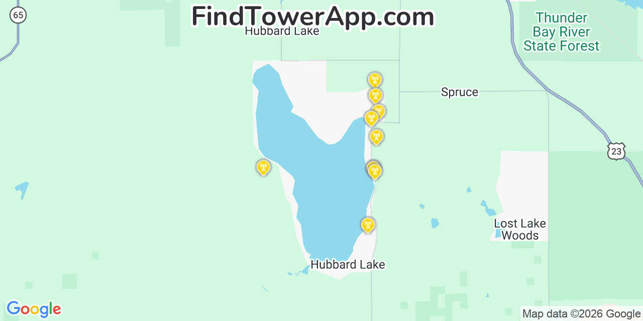 Map showing the 20 primary cell tower locations detected in Hubbard Lake, Michigan from AT&T, Verizon, and T-Mobile networks