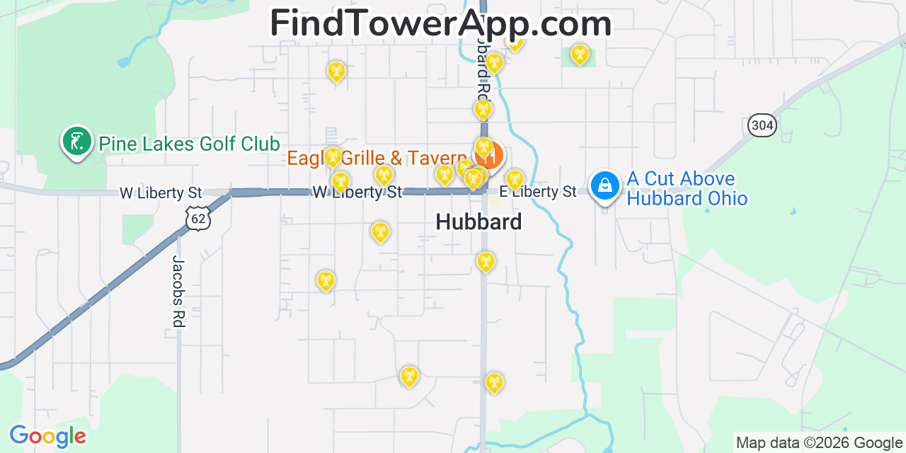 Map showing the 20 primary cell tower locations detected in Hubbard, Ohio from AT&T, Verizon, and T-Mobile networks