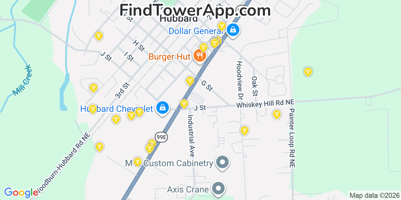 Map showing the 20 primary cell tower locations detected in Hubbard, Oregon from AT&T, Verizon, and T-Mobile networks