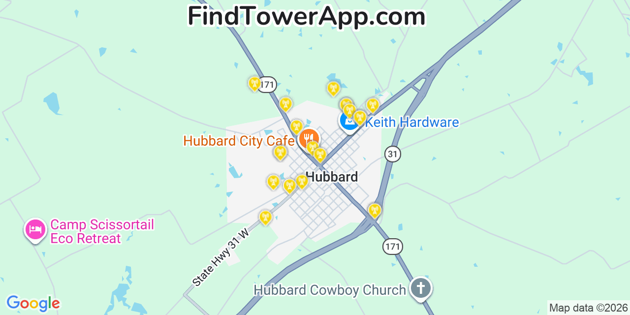 Map showing the 20 primary cell tower locations detected in Hubbard, Texas from AT&T, Verizon, and T-Mobile networks
