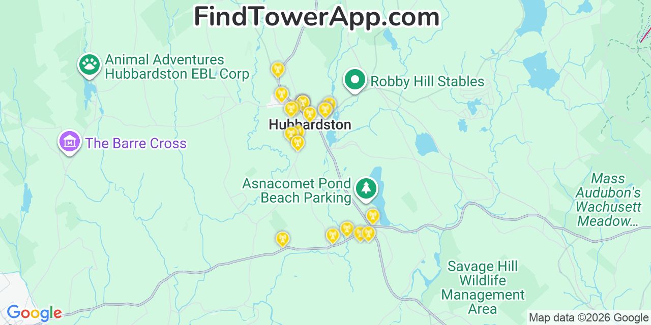 Map showing the 20 primary cell tower locations detected in Hubbardston, Massachusetts from AT&T, Verizon, and T-Mobile networks