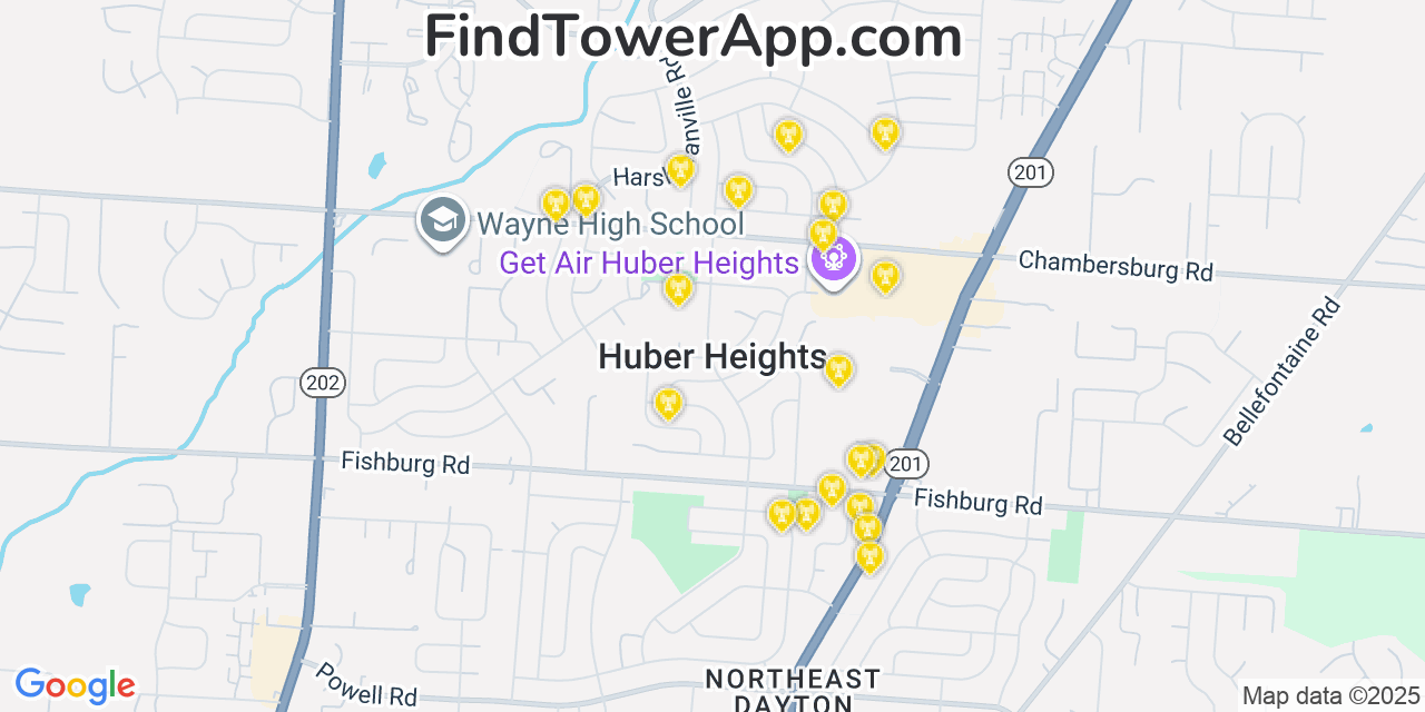 Map showing the 20 primary cell tower locations detected in Huber Heights, Ohio from AT&T, Verizon, and T-Mobile networks