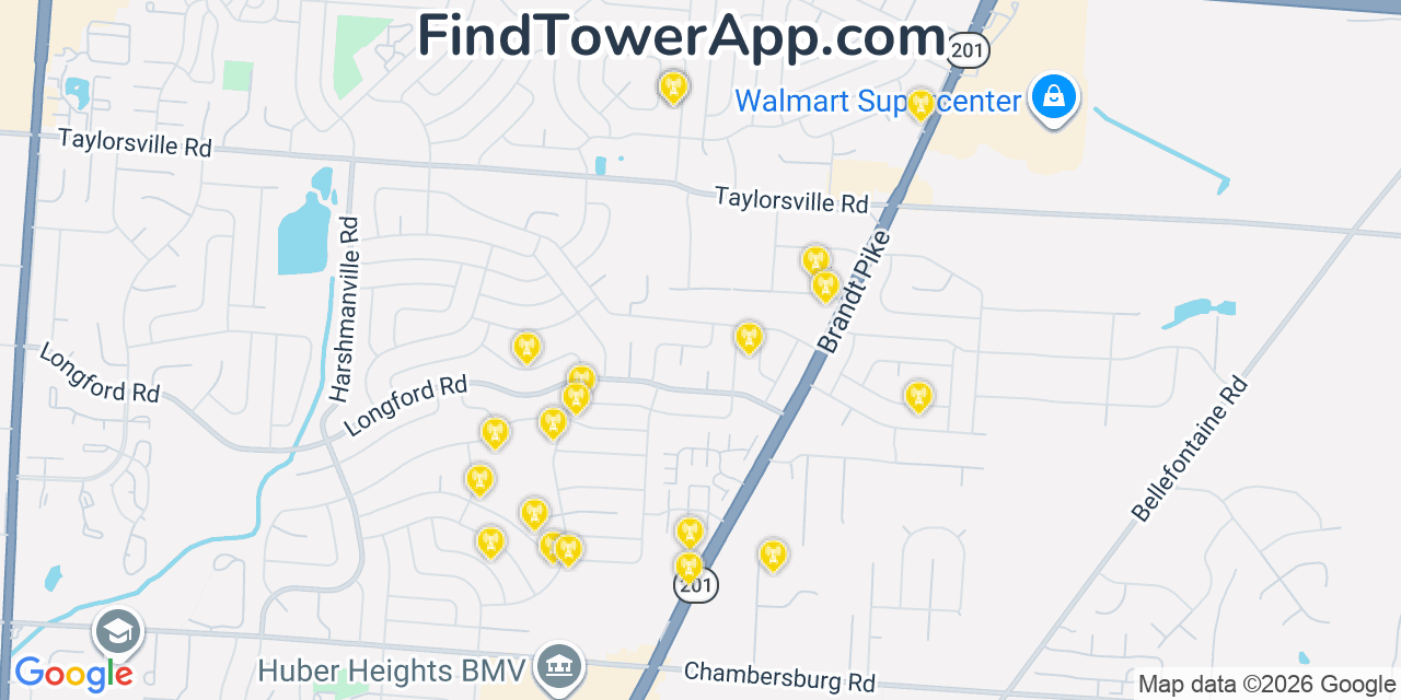 Map showing the 20 primary cell tower locations detected in Huber Heights, Ohio from AT&T, Verizon, and T-Mobile networks