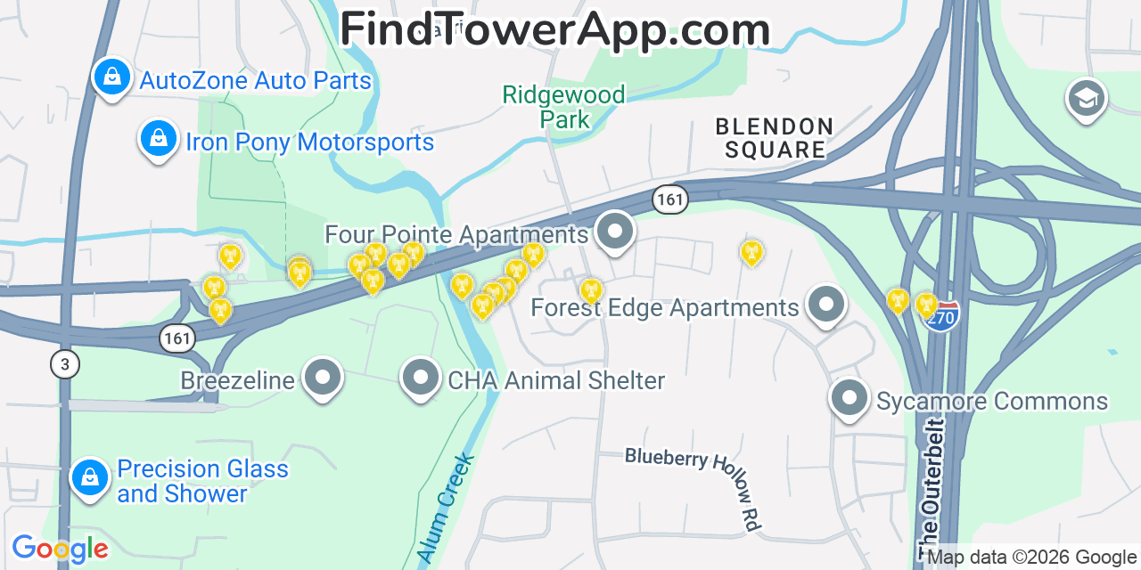 Map showing the 20 primary cell tower locations detected in Huber Ridge, Ohio from AT&T, Verizon, and T-Mobile networks