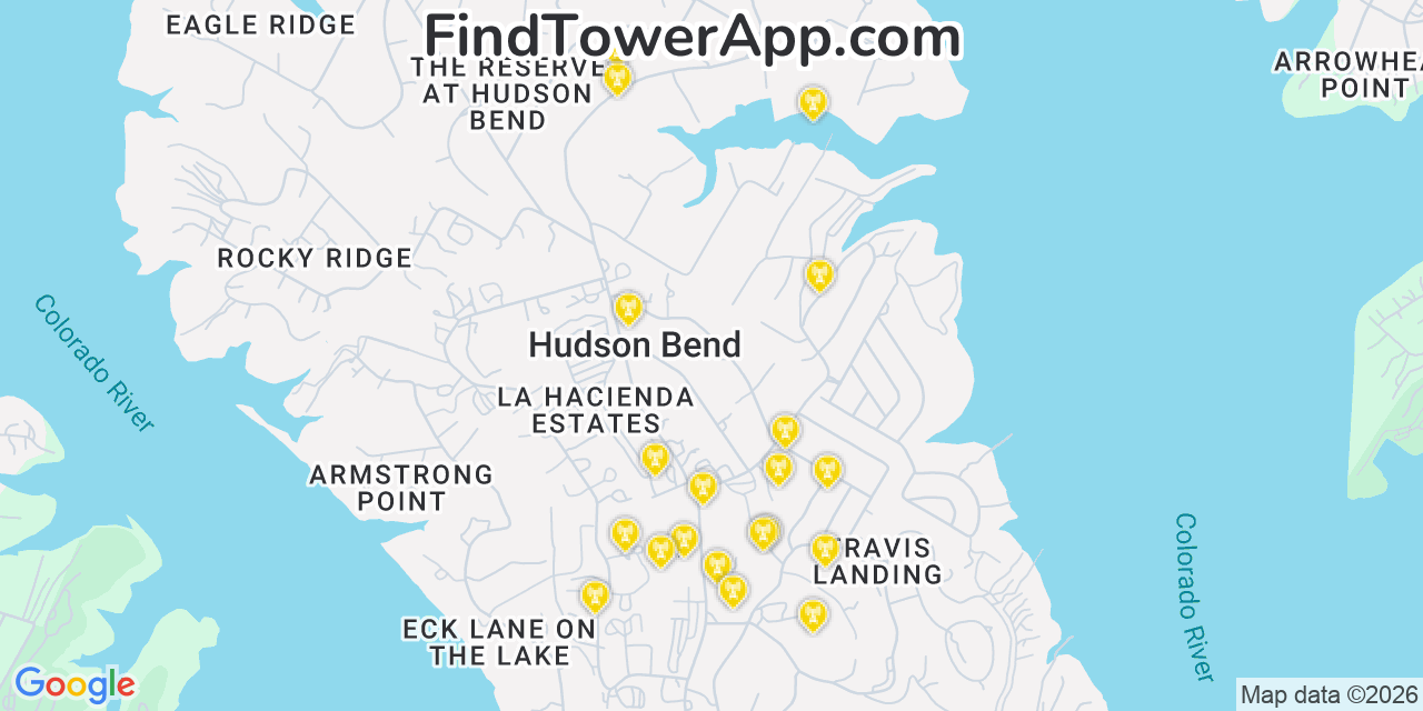 Map showing the 20 primary cell tower locations detected in Hudson Bend, Texas from AT&T, Verizon, and T-Mobile networks
