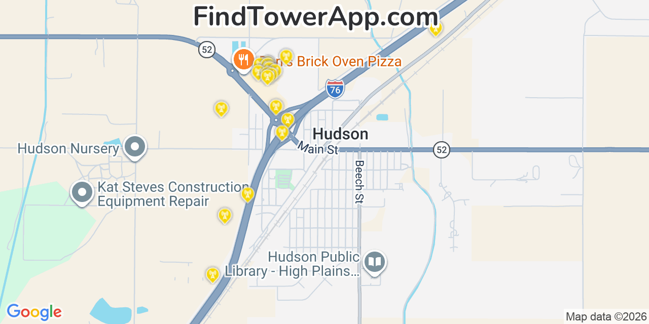Map showing the 20 primary cell tower locations detected in Hudson, Colorado from AT&T, Verizon, and T-Mobile networks