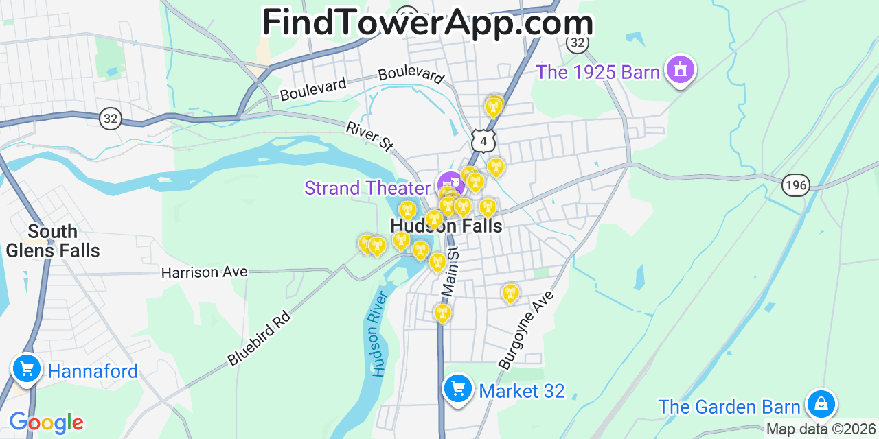 Map showing the 20 primary cell tower locations detected in Hudson Falls, New York from AT&T, Verizon, and T-Mobile networks