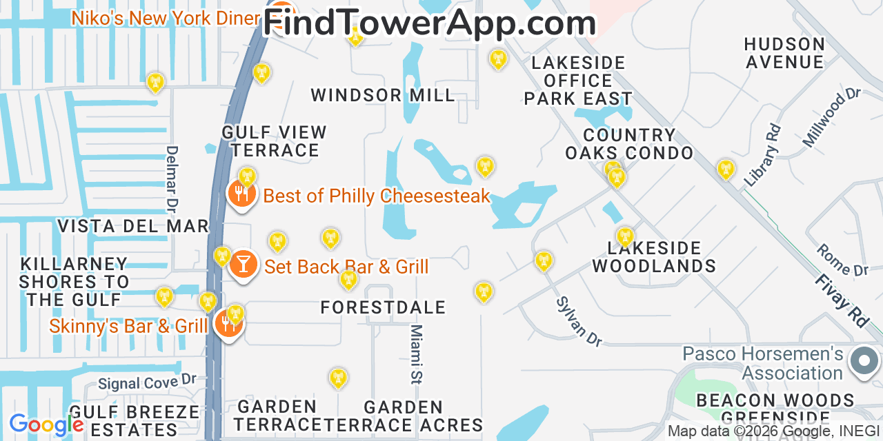Map showing the 20 primary cell tower locations detected in Hudson, Florida from AT&T, Verizon, and T-Mobile networks
