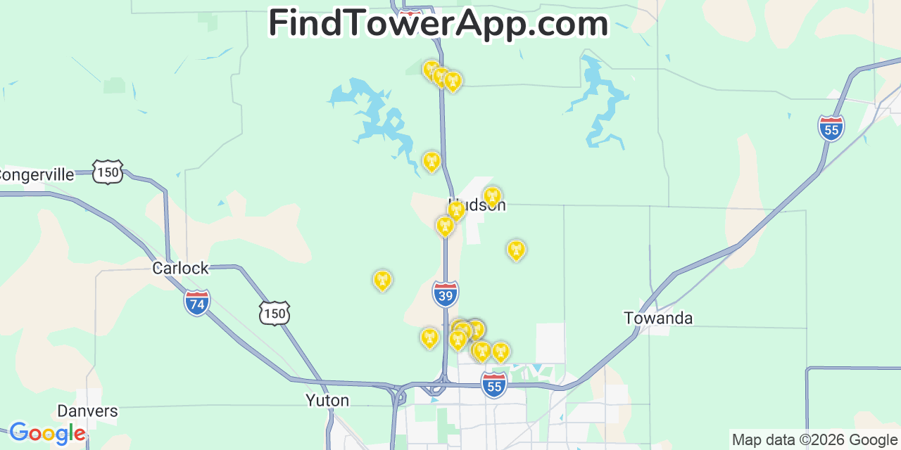Map showing the 20 primary cell tower locations detected in Hudson, Illinois from AT&T, Verizon, and T-Mobile networks