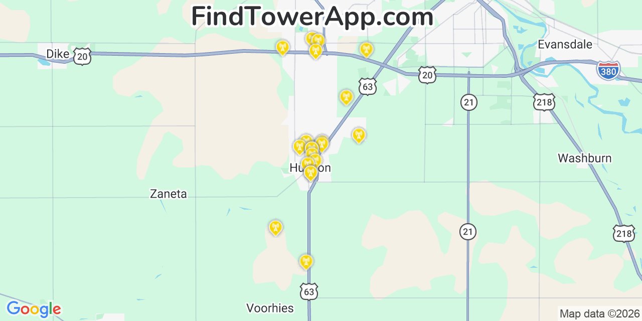 Map showing the 20 primary cell tower locations detected in Hudson, Iowa from AT&T, Verizon, and T-Mobile networks