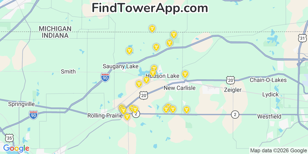 Map showing the 20 primary cell tower locations detected in Hudson Lake, Indiana from AT&T, Verizon, and T-Mobile networks